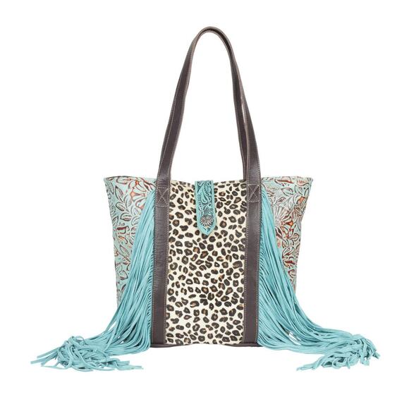 Myra Bag Ocean Current Leather Hairon Leopard Teal Fringe Tote Purse NEW~NWT!! - Picture 1 of 14